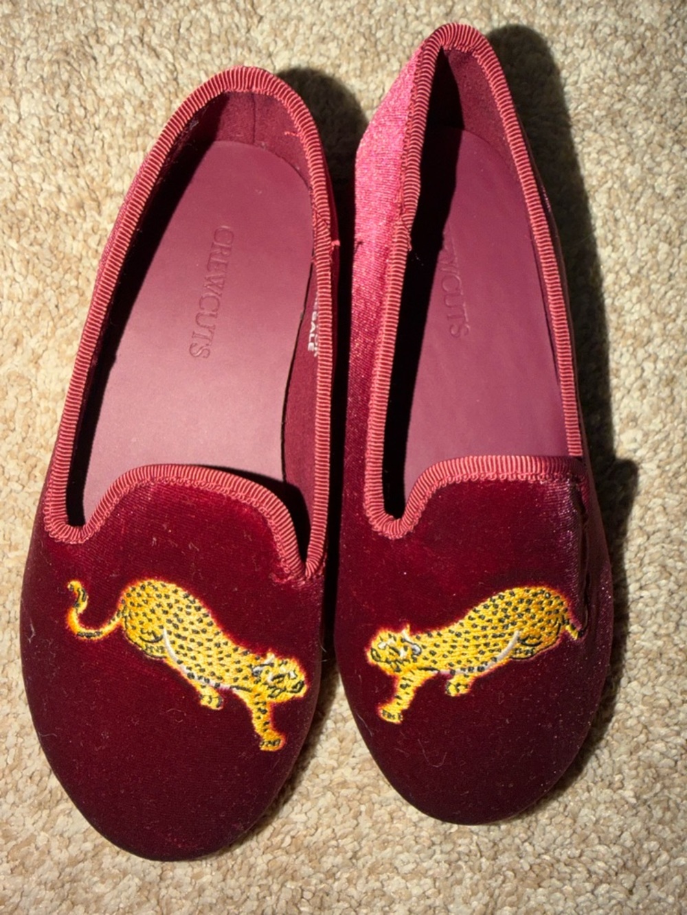 Crewcuts Burgundy Velvet Moccasins with Yellow Leopard Embroidery